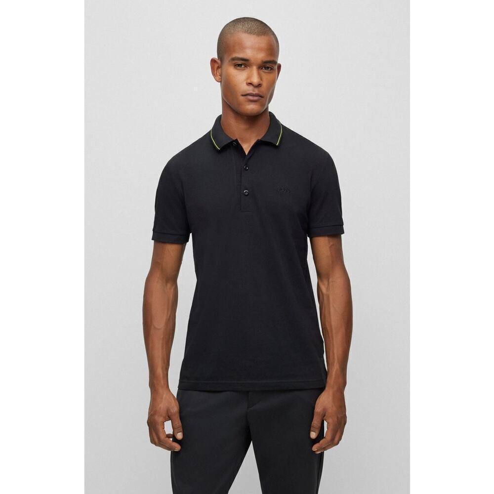 BOSS Hugo Boss Black Cotton Pique Slim Fit Polo Shirt Lime Green Accent XXL